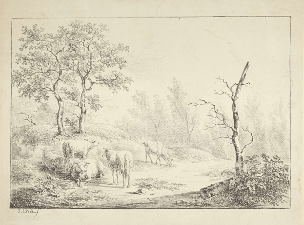 A wooded landscape with a herd of sheep grazing in the foreground, surrounded by trees and plants, with text at the bottom.