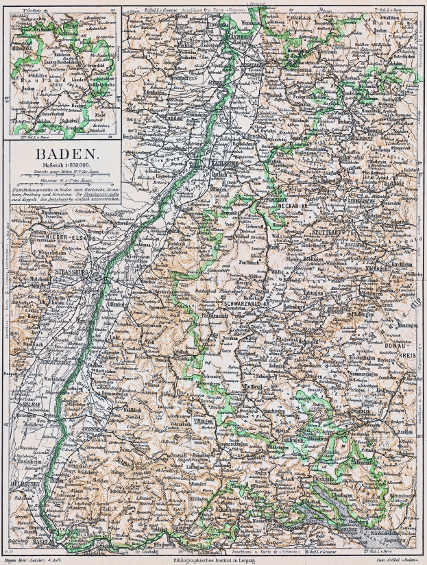 Alte Karte von Baden-Württemberg, Deutschland, mit detaillierten Straßen, Städten und geografischen Merkmalen, Text oben und unten auf dem Papier.