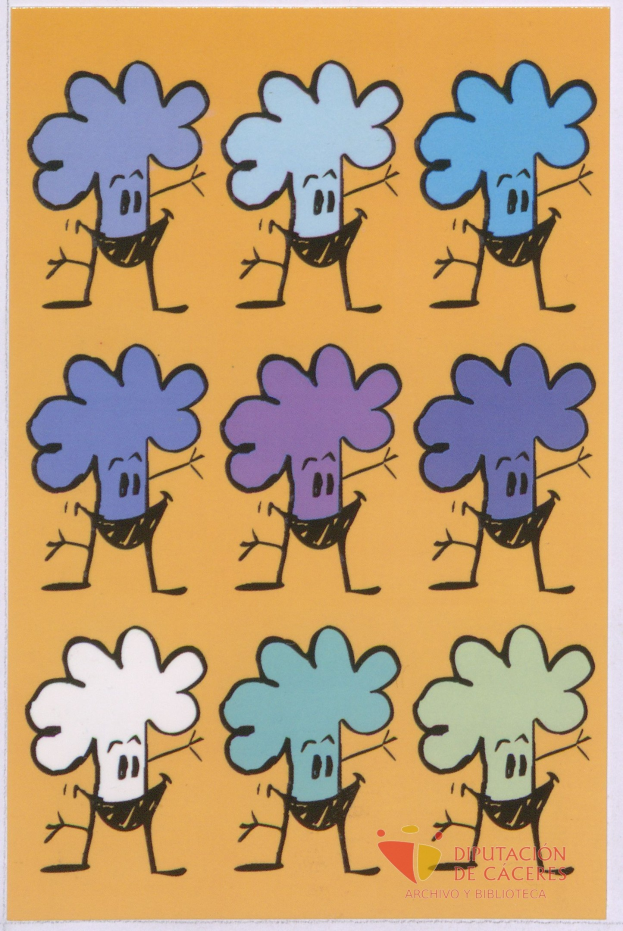 Ein leuchtend gelbes Plakat mit Cartoon-Figuren in bunten Farben, die mit ausgestreckten Armen und freudigen Gesichtern tanzen, begleitet von einem Wasserzeichen in der rechten unteren Ecke.