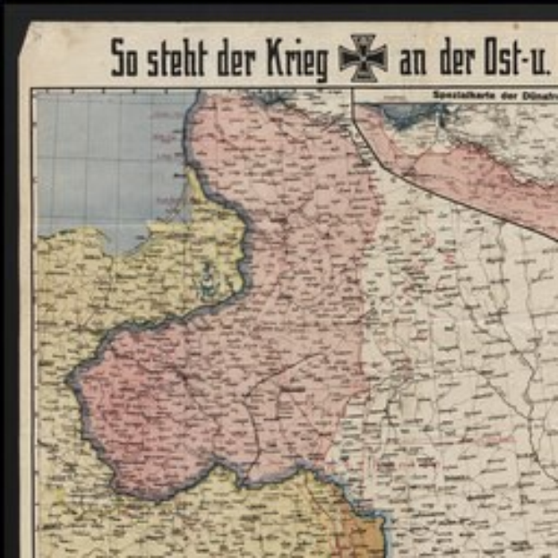 A framed map of Germany with text reading "So Steht der Krieg an der Ost-U" overlaid.