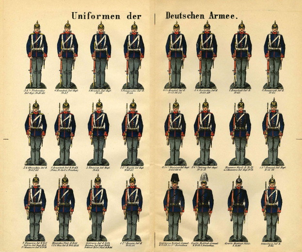 A book displaying a grid of various German Army uniforms with distinct designs and color schemes, accompanied by descriptive text.