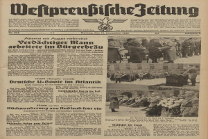 Schwarze und weiße Titelseite einer deutschen Zeitung vom 13. November 1939 mit der Überschrift "Weitpreubliche Zeitung", die eine Gruppe von Menschen in traditioneller deutscher Kleidung in einer feierlichen Atmosphäre zeigt.