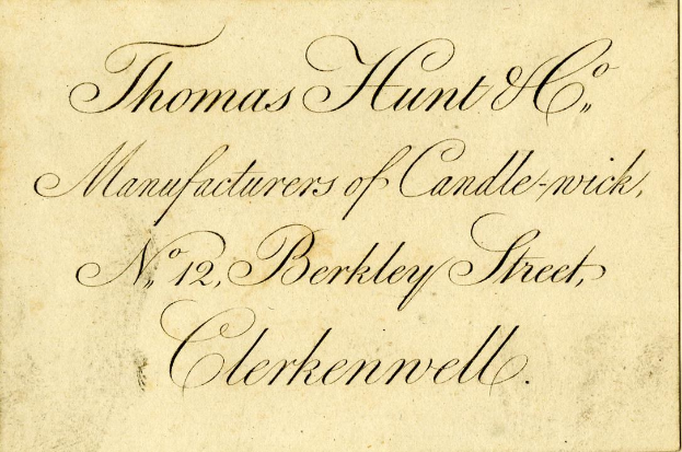 Alte Visitenkarte für Thomas Hunt Co., Hersteller von Kerzenwick, gelegen an Nr. 12 Berkeley Street, Clerkenwell.
