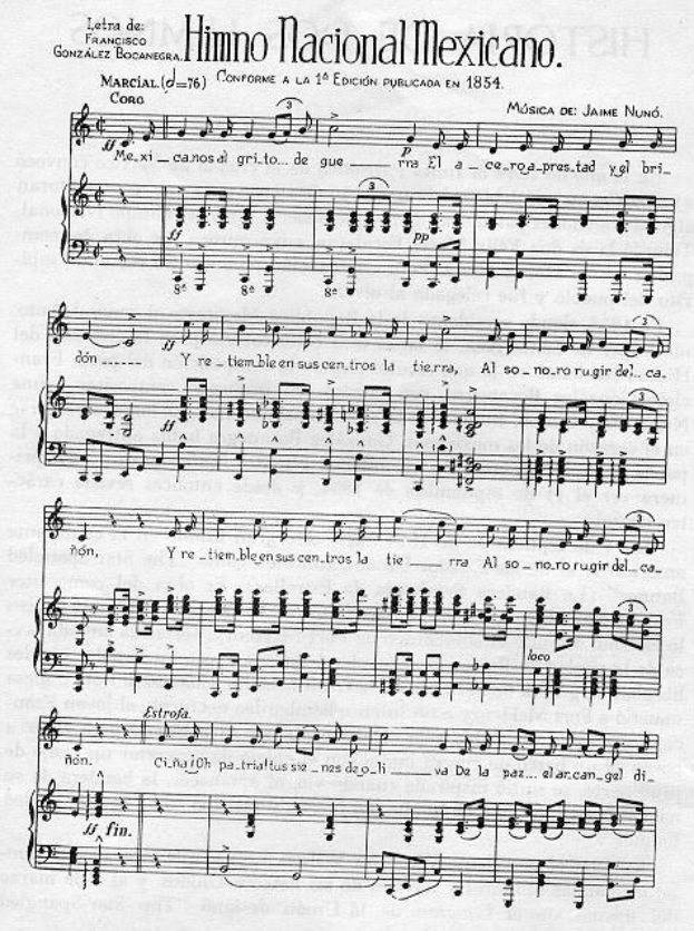 Ein Notenblatt mit dem Titel "Himno Nacional Mexicano" mit musikalischen Noten im 4/4-Takt, eingerahmt von einem schmalen schwarzen Rand.