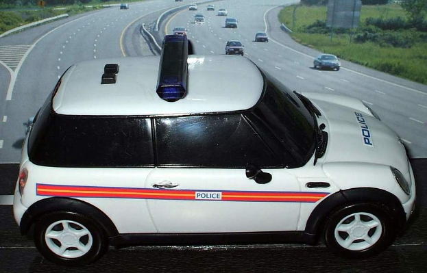 Ein weißer Polizeiwagen steht im Vordergrund mit mehreren Autos, die sich auf der Straße dahinter bewegen, umgeben von Gras und Bäumen auf beiden Seiten.