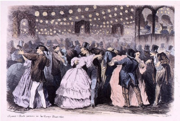 Eine Gruppe von Menschen, die in einem Ballsaal tanzen mit dem Text "Madame Baille Nacional en la Campagne Bleuet, 1860" unten.