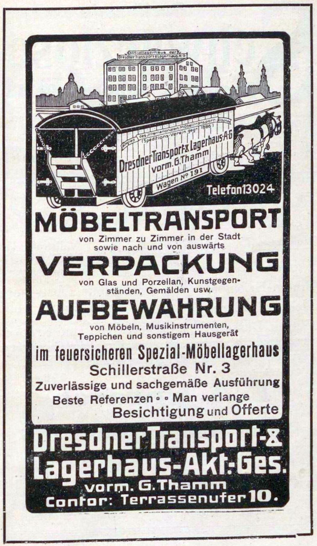 Advertisement for a train featuring a train image, text reading "Dresdner Transport & Lagerhaus-Akt-Ges", and buildings in the background.
