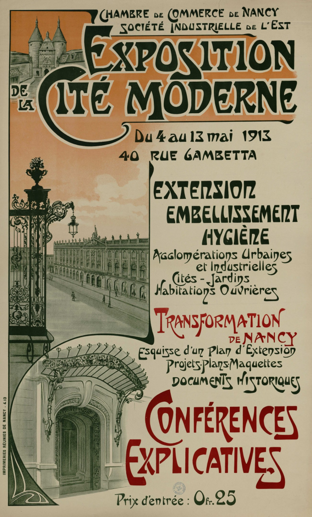 Plakat für eine Ausstellung in Cite Moderne mit einem Bild eines Gebäudes, eines Tors und eines bewölkten Himmels sowie begleitendem Text.