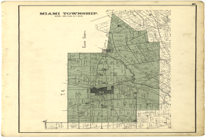 Old top-down map of Miami, Florida, displaying streets, buildings, and landmarks with text at the top and bottom.