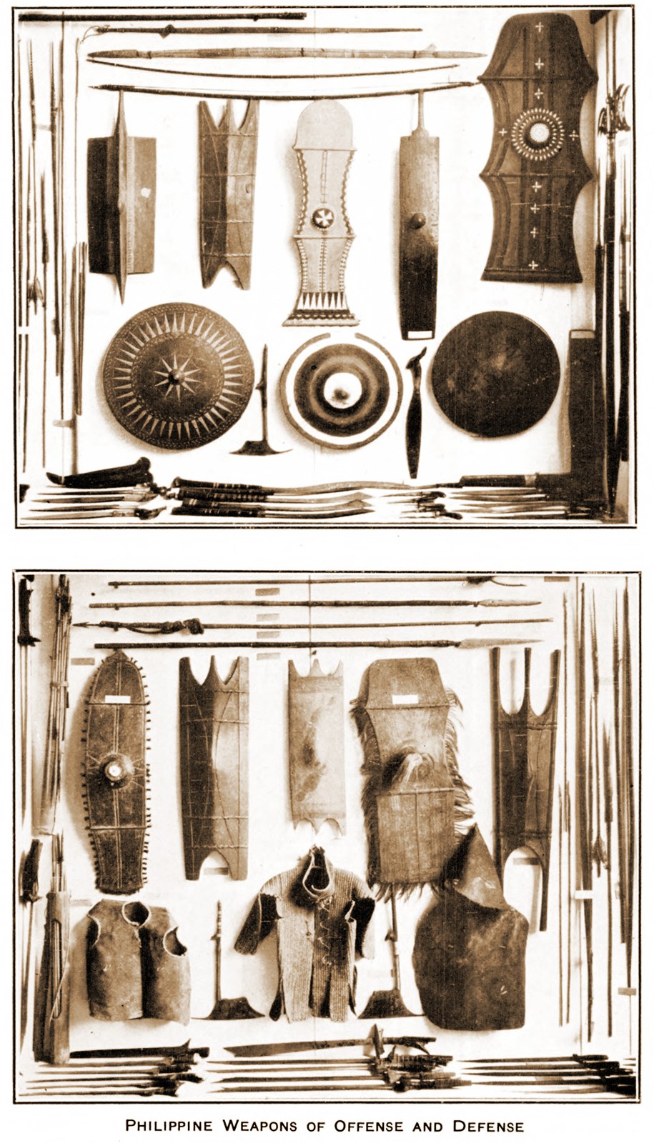 Poster displaying an assortment of Philippine offensive and defensive weapons such as swords, spears, and shields with the title "Philippine Weapons of Offense and Defense" at the bottom.