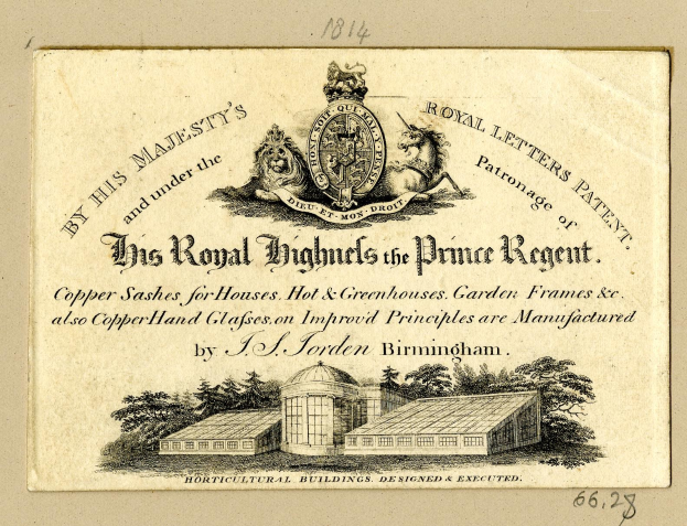 Alte Visitenkarte mit 'The Royal Highmills of the Prince Regent' mit einem Gebäude, Bäumen und einem Logo.