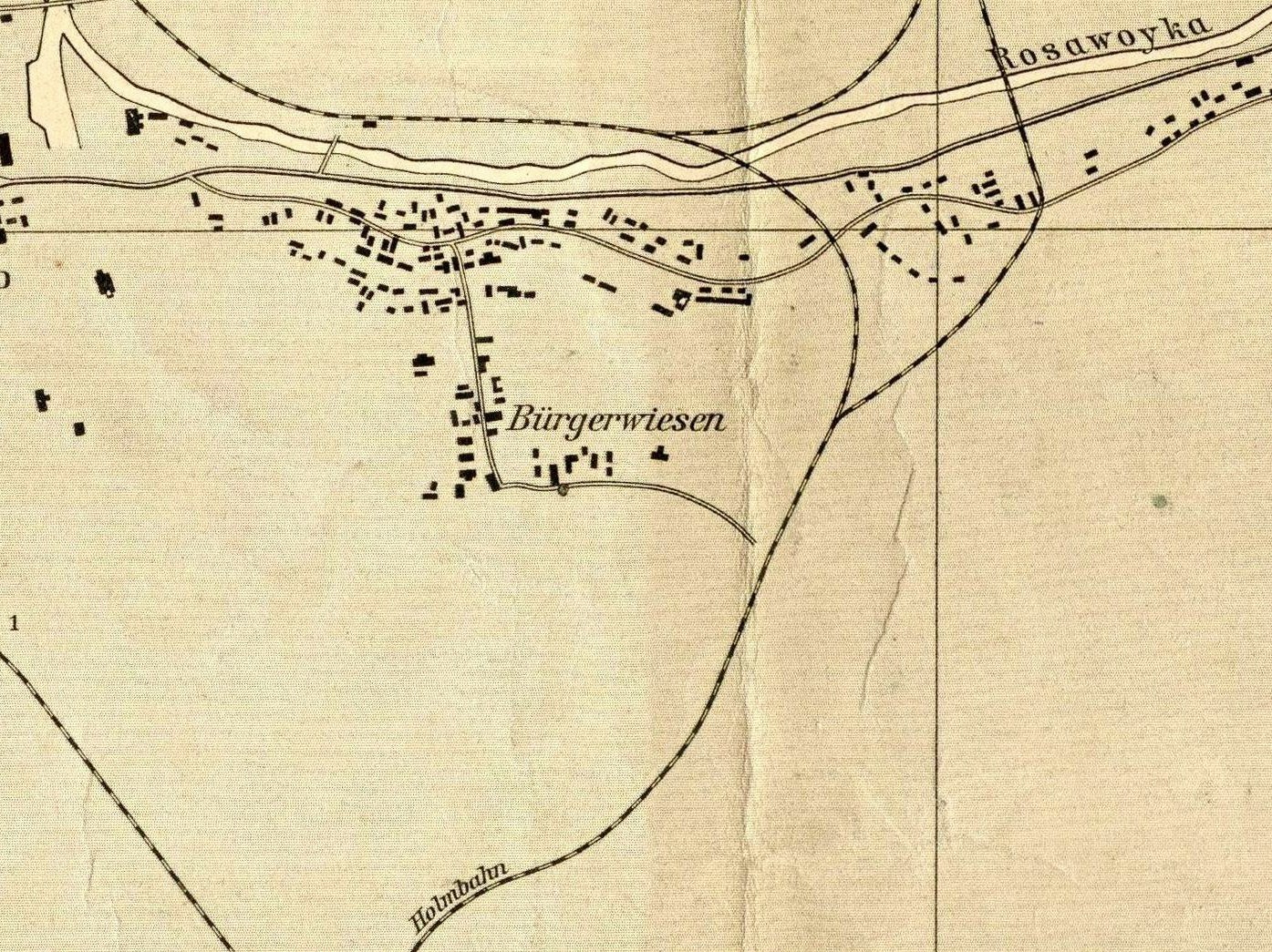 Black and white map of Burgerswiesen, Germany, with detailed markings and text indicating its location.