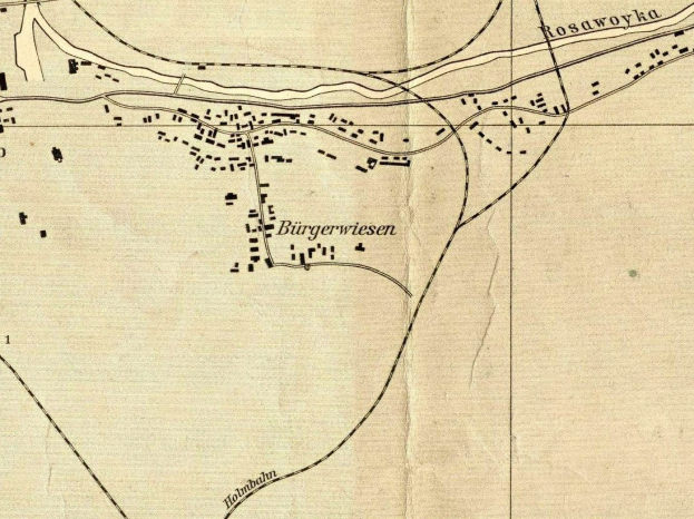 Black and white map of Burgerswiesen, Germany, with detailed markings and text indicating its location.
