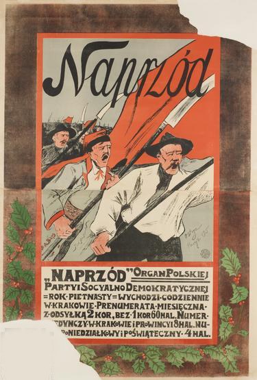 Ein polnisches Propagandaplakat für die polnische Revolution mit einer zentralen Figur mit menschlichem Gesicht und Text mit Ereignisinformationen.