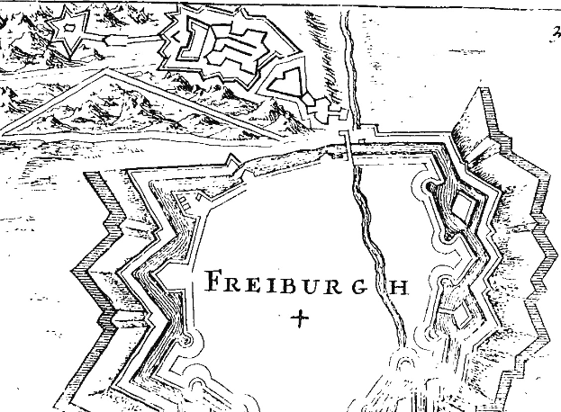 Schwarze und weiße Karte von Freiburg, Deutschland, die Straßen, Gebäude und Sehenswürdigkeiten zeigt.