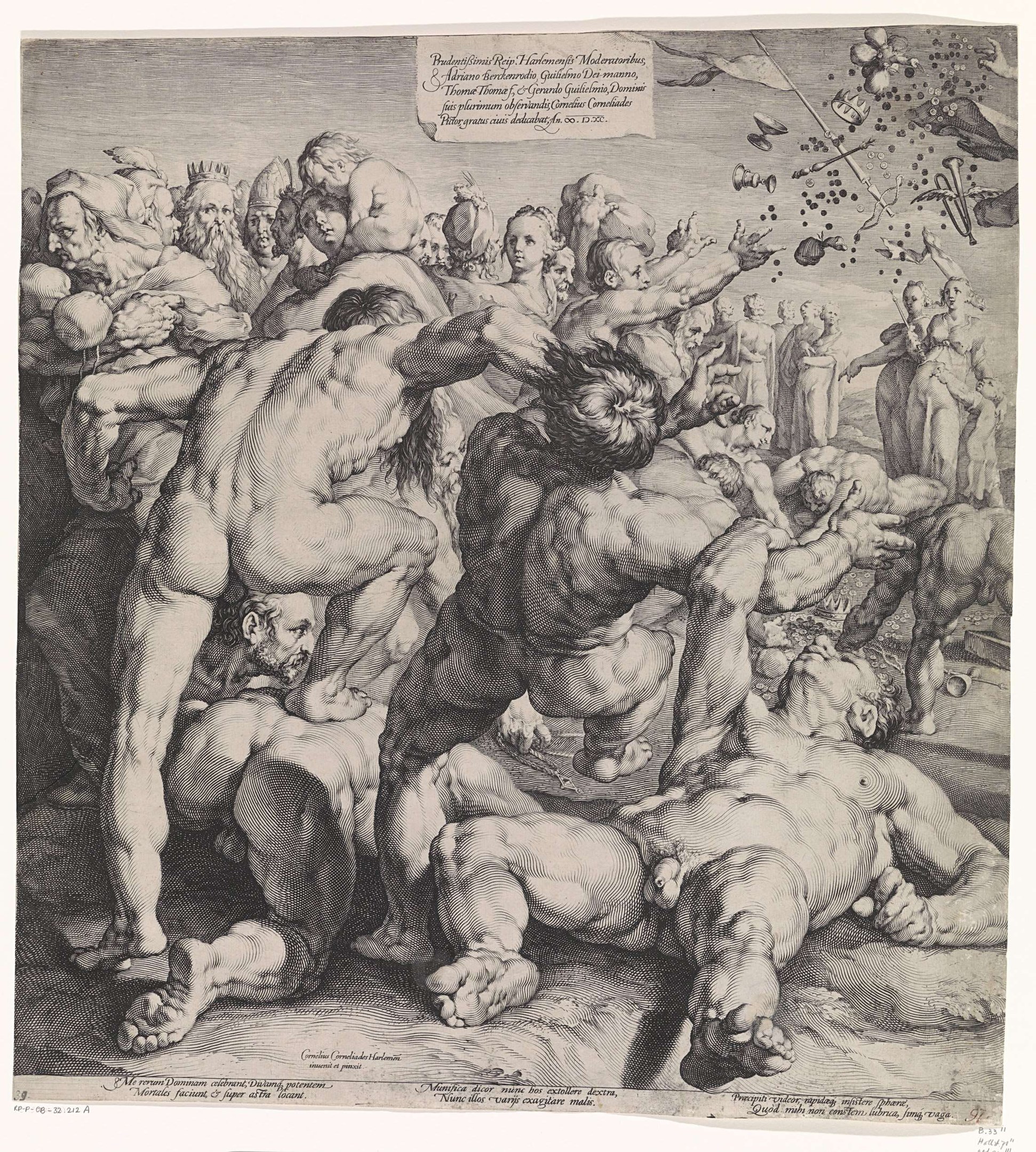 Black and white drawing depicting a chaotic scene with people lying on the ground and others standing around them, with text at the bottom referencing Albrecht Dürer's *The Fall of the Magi*.