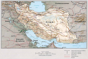 Große detaillierte politische Karte von Iran mit wichtigen Städten, Flüssen und geografischen Merkmalen sowie Text und Zahlen unten.