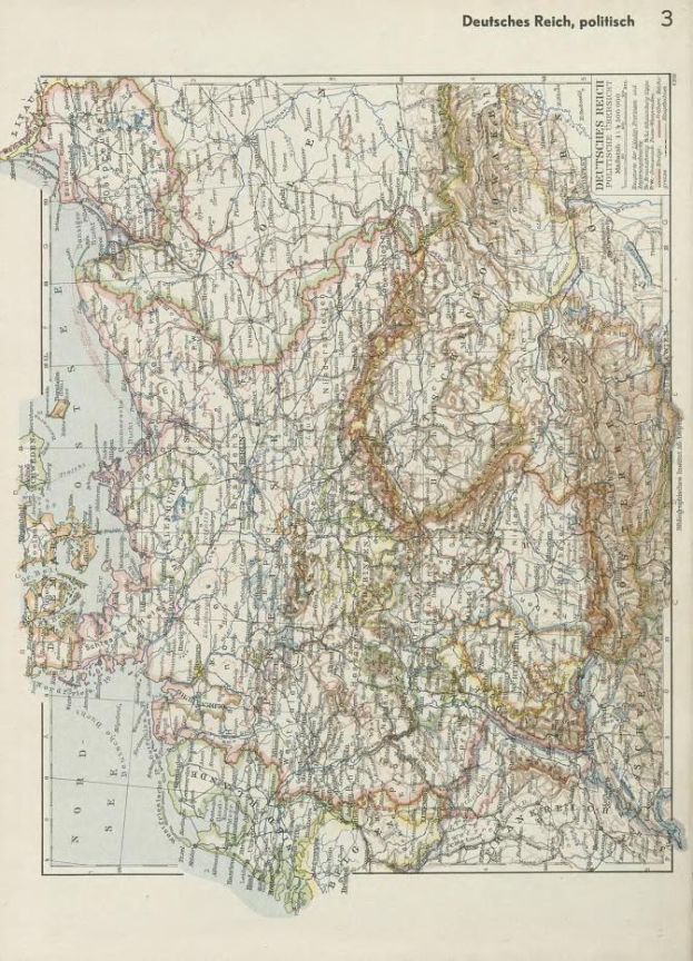 Alte Karte aus dem 19. Jahrhundert von Deutschland, die die politischen Grenzen des Landes zeigt, auf Papier gedruckt mit Text oben und unten.