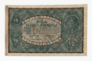 Old Polish banknote featuring a man's portrait with "Polska krajowa" text on a white background.