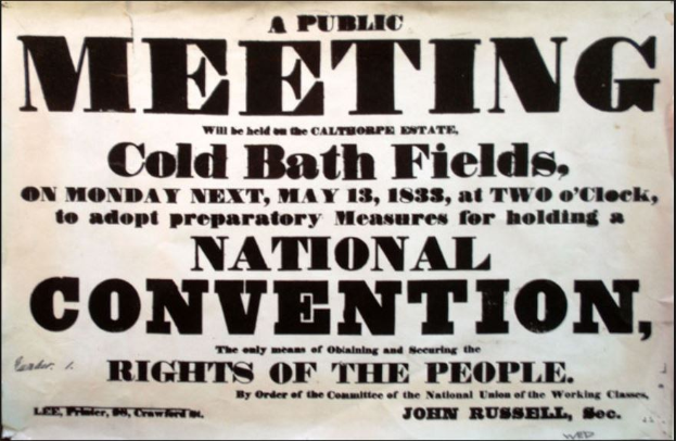 Schwarzer und weißer Plakatwerbung für eine öffentliche Versammlung mit dem Titel "Öffentliche Versammlung, Cold Bath Fields, National Convention, Rechte des Volkes."