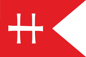 Rote Flagge mit einem weissen Kreuz in der Mitte, auf die ein Pfeil auf der rechten Seite zeigt.