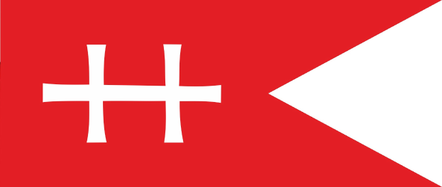 Rote Flagge mit einem weissen Kreuz in der Mitte, auf die ein Pfeil auf der rechten Seite zeigt.