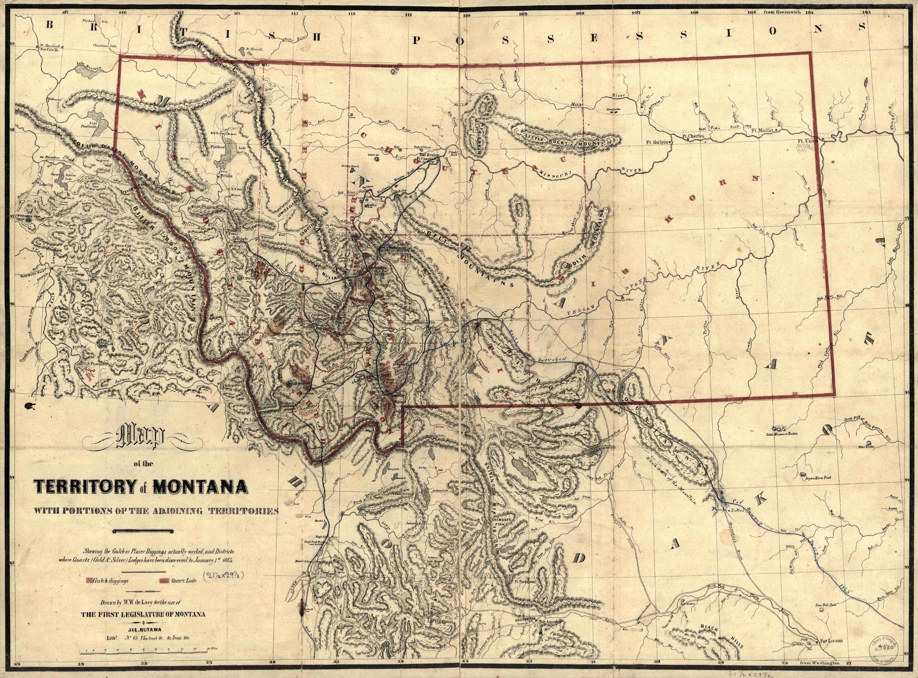 Detailierte alte Karte von Montana-Territorium, die geografische Merkmale wie Berge, Flüsse und Wälder zeigt, mit beschrifteten Städten und Ortschaften.