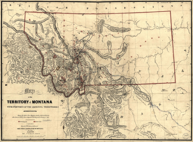 Detailierte alte Karte von Montana-Territorium, die geografische Merkmale wie Berge, Flüsse und Wälder zeigt, mit beschrifteten Städten und Ortschaften.