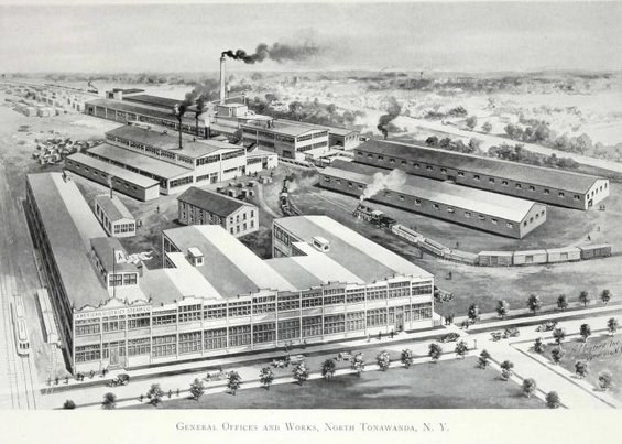 Luftaufnahme eines rauchenden Werks mit umliegenden Gebäuden, Bäumen und Fahrzeugen auf der Straße, mit dem Text "General Office and Works, North Tonawanda, New York" unten.