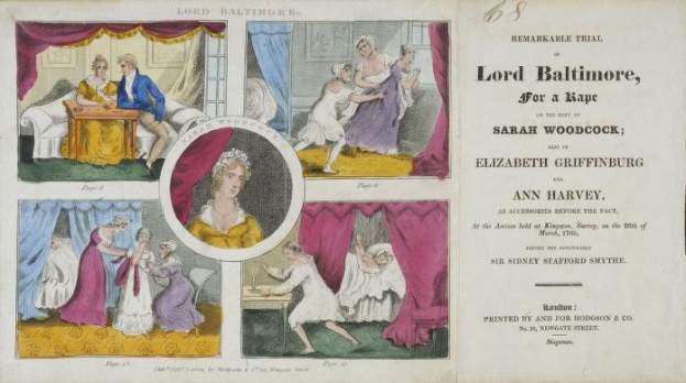 Eine historische Dokumentenillustration, die eine Verhandlungsszene mit Porträts, Vorhängen und Text zeigt.