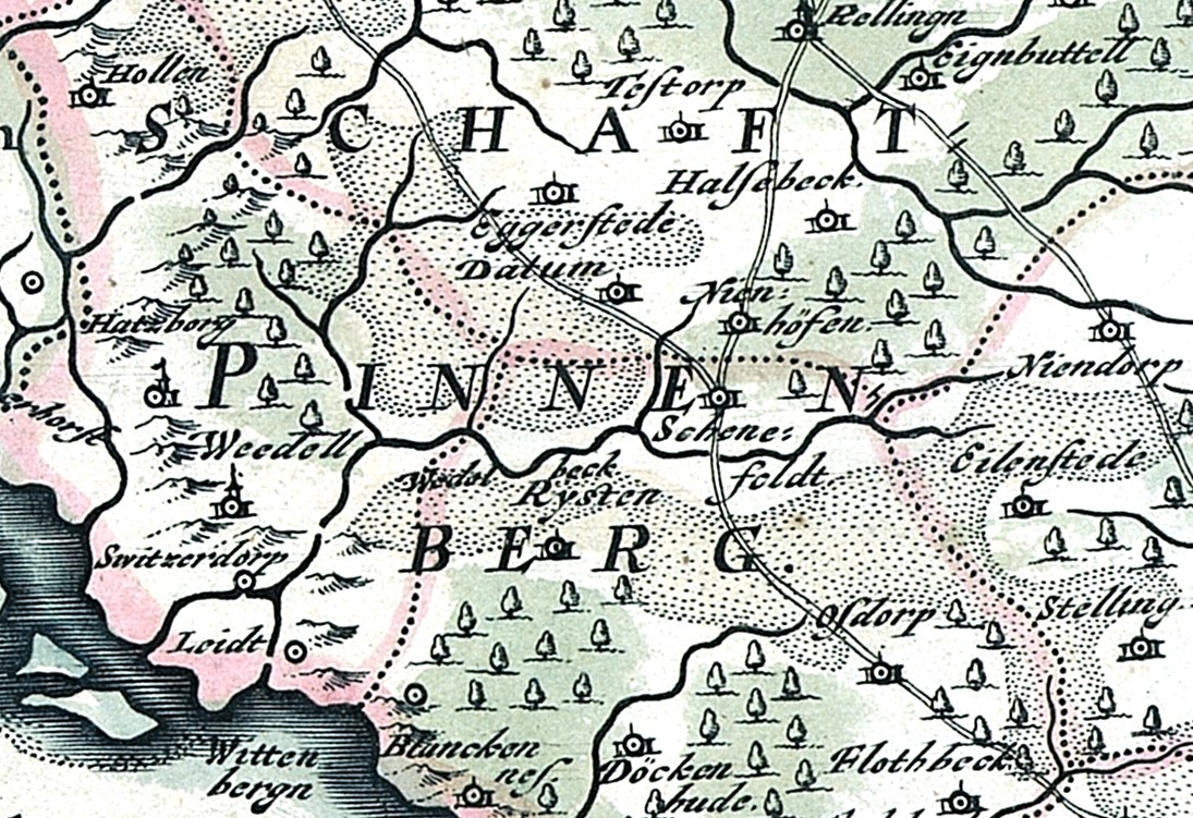 Ein detaillierter alter Stadtplan von Painen, Deutschland, der Straßen, Gebäude und Sehenswürdigkeiten zeigt, mit begleitendem Text über Bevölkerung, Straßen und bemerkenswerte Merkmale.