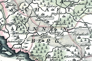 Ein detaillierter alter Stadtplan von Painen, Deutschland, der Straßen, Gebäude und Sehenswürdigkeiten zeigt, mit begleitendem Text über Bevölkerung, Straßen und bemerkenswerte Merkmale.