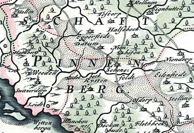 Ein detaillierter alter Stadtplan von Painen, Deutschland, der Straßen, Gebäude und Sehenswürdigkeiten zeigt, mit begleitendem Text über Bevölkerung, Straßen und bemerkenswerte Merkmale.