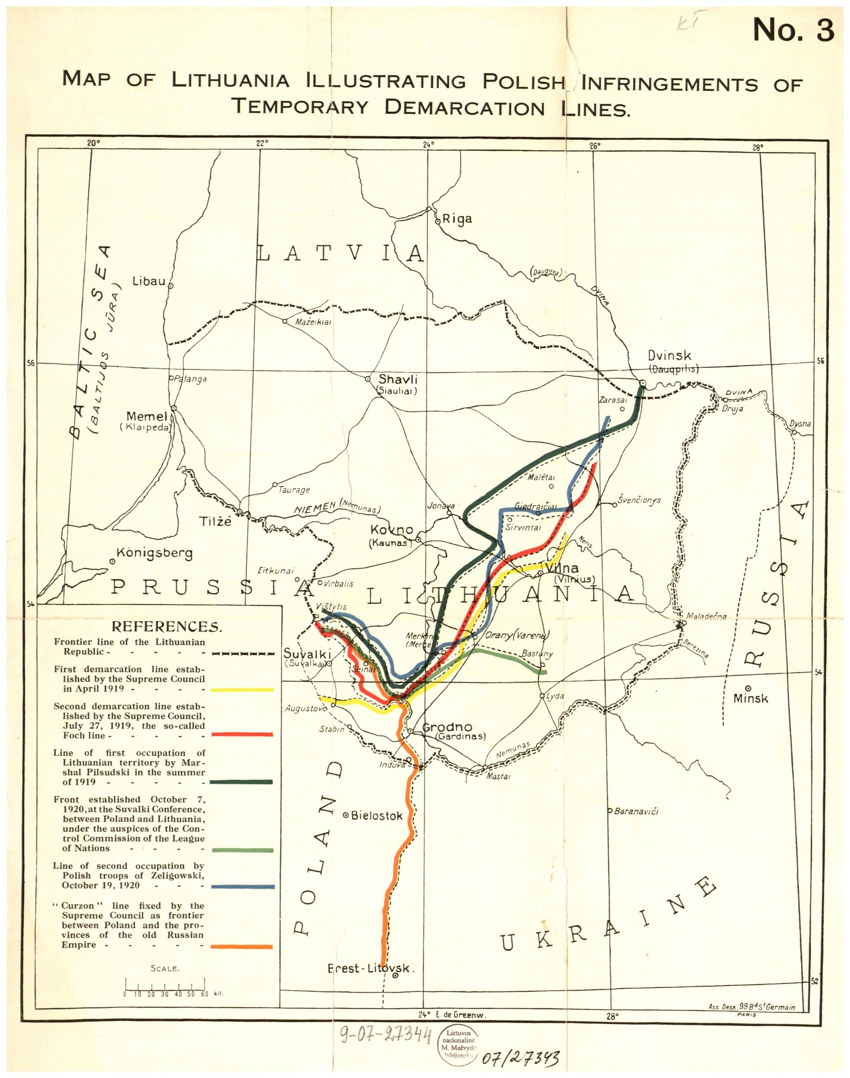 Detailierte Karte von Litauen mit markierten polnischen Überschreitungen der temporären Demarkationslinie, einschließlich Städte, Gemeinden und geografische Merkmale.