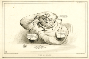 Ein Mann in einem Anzug sitzt an einem Tisch mit einer Waage der Gerechtigkeit, entschlossen, mit Dokumenten, die Wörter und Zahlen enthalten.