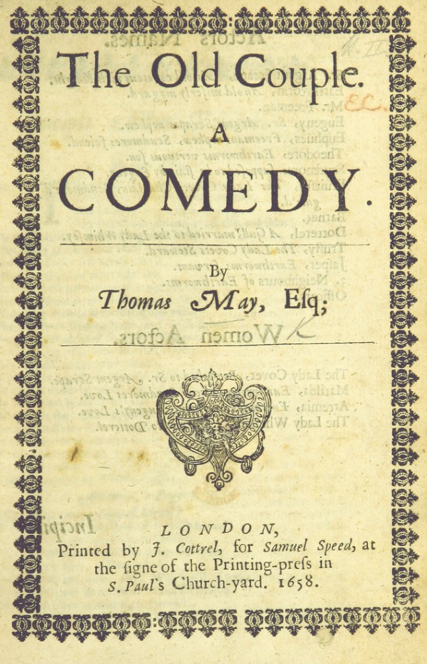 Titelblatt eines alten Buches mit dem Titel "The Old Couple: A Comedy" und einem Logo auf dem Cover.