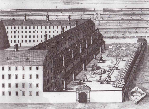 Black and white historical drawing of a large, multi-windowed prison building surrounded by people, wooden logs, and other objects, with the text "1853 – the prison of the dresden concentration camp" at the bottom.