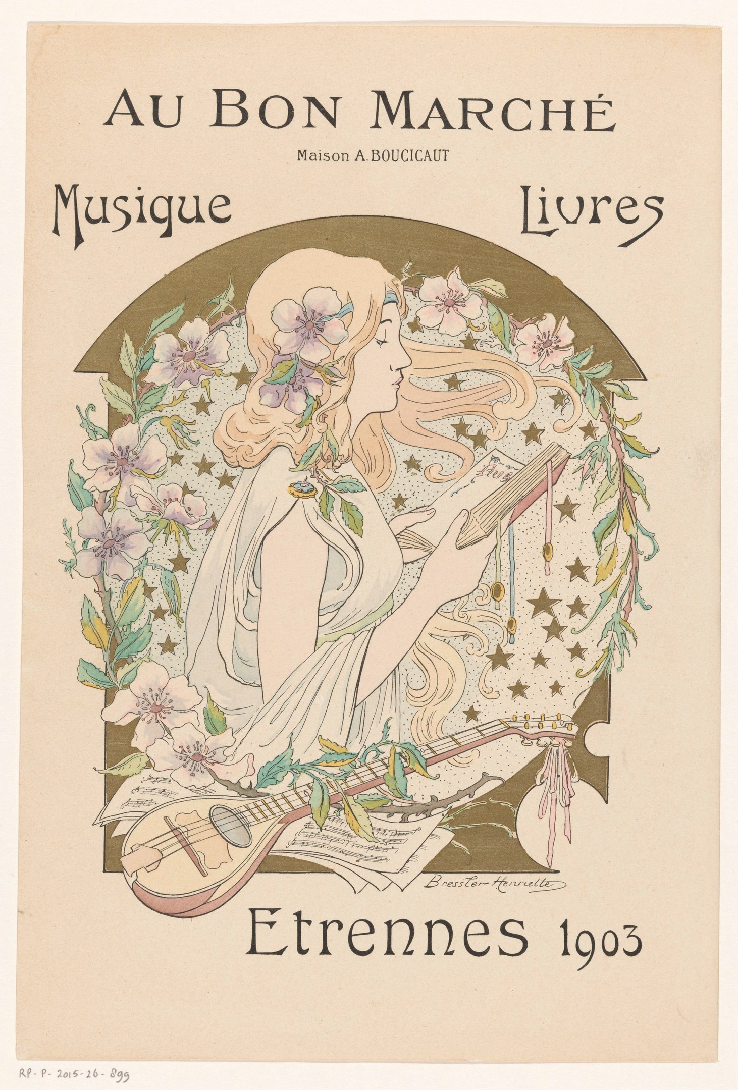 Plakat mit einer Frau, die ein Musikinstrument spielt und von Blumen umgeben ist.