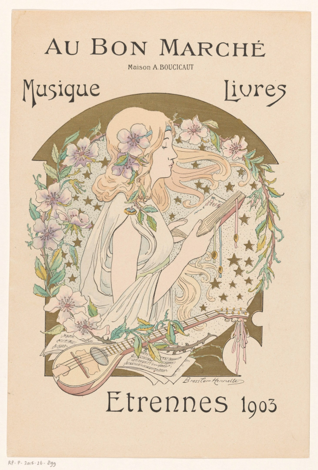 Plakat mit einer Frau, die ein Musikinstrument spielt und von Blumen umgeben ist.