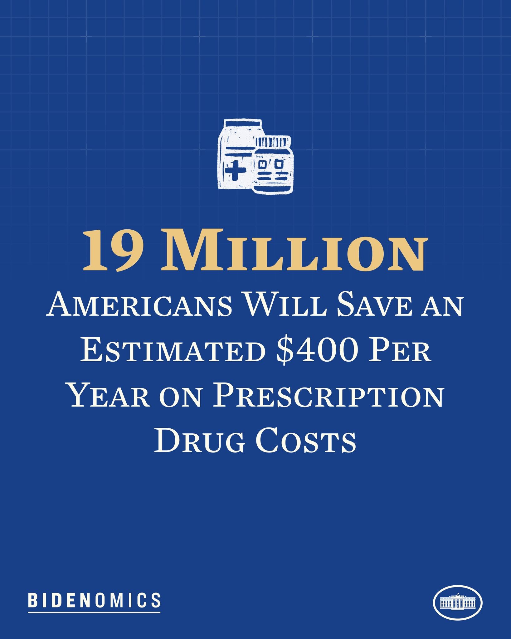Blauer Hintergrund mit wei├čer Schrift und Logo, das '19 Millionen Amerikaner werden sch├Ątzungsweise 400 USD pro Jahr an Arzneikosten sparen' angibt.