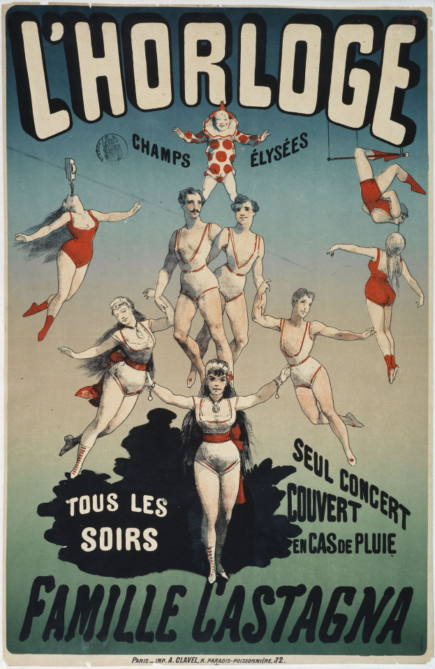 Ein Plakat für L'Horloge Family Lastagna, das eine Gruppe von Menschen in bunten Kostümen mit strahlenden Gesichtern zeigt.