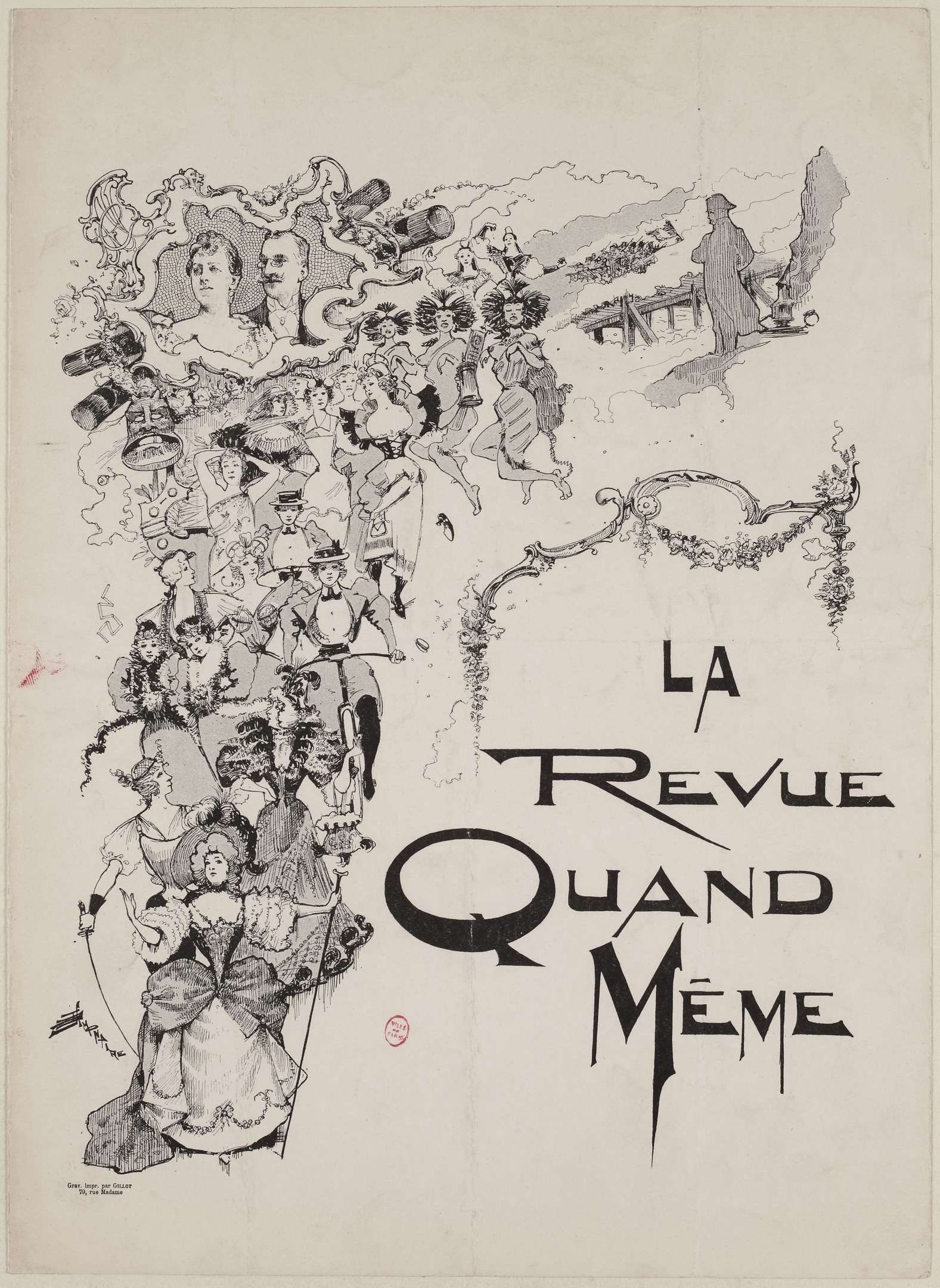 Plakat für "La Revue Quand Meme" mit einer zentralen Gruppe von Menschen und Text, der den Film und seine Charaktere beschreibt.