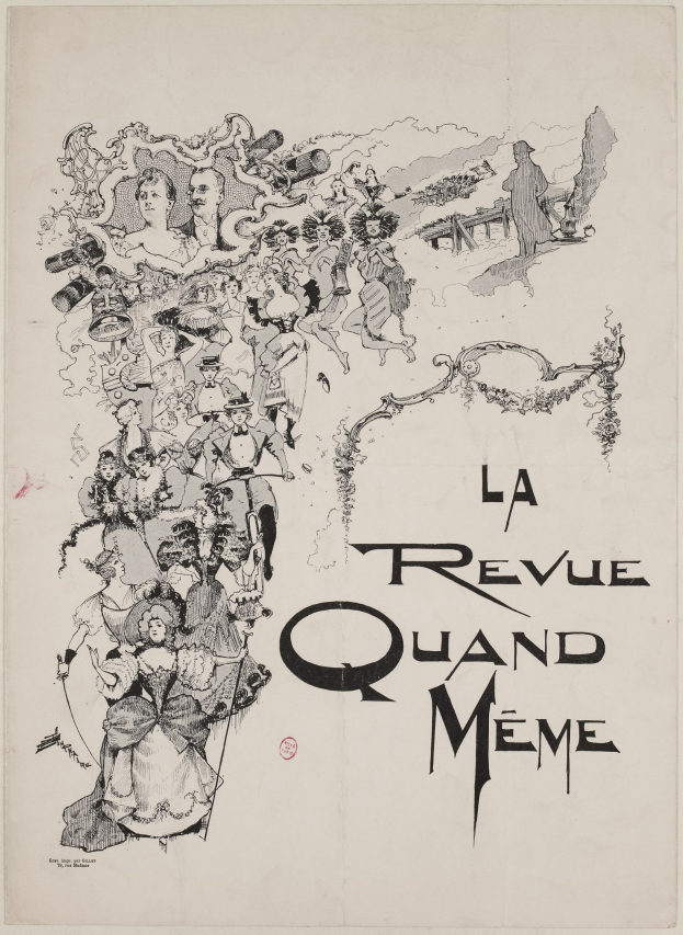 Plakat für "La Revue Quand Meme" mit einer zentralen Gruppe von Menschen und Text, der den Film und seine Charaktere beschreibt.