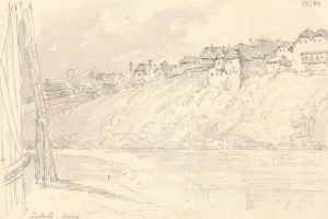 Eine Zeichnung eines Flusses mit einer Brücke im Hintergrund, umgeben von Häusern, Bäumen und einem Himmel, mit dem Text "Albert Bierstadt - Österreich" unten.