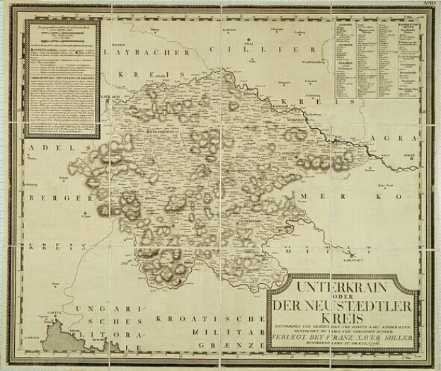 Old paper map of the Netherlands from the 17th century, showing the Unterkrain region of the Neusiedtler Kreis with handwritten text.