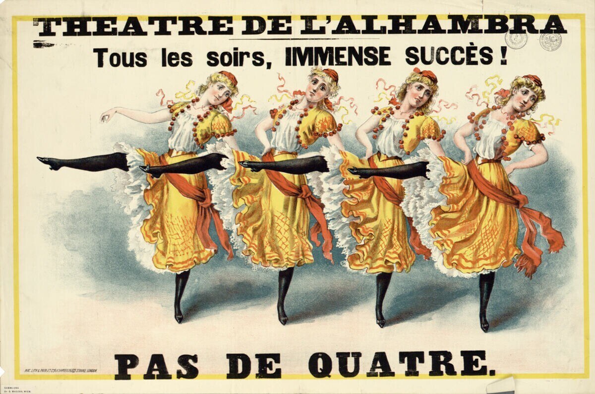 Poster for the Theatre de l'Alhambra in Paris featuring a group of women dancing in colorful dresses with bright smiles.