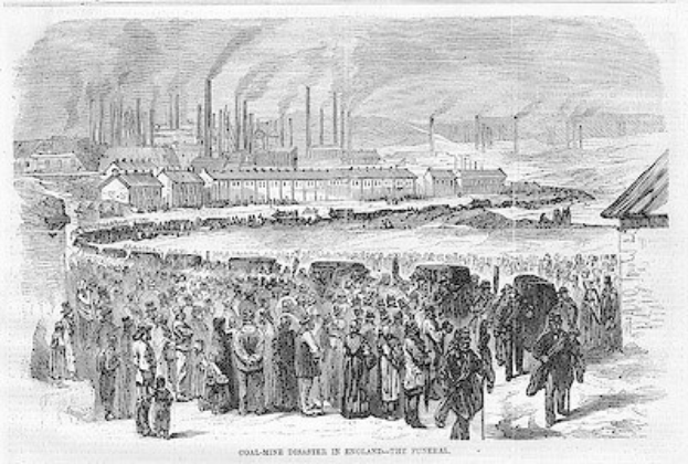Schwarze und weiße Zeichnung von Menschen, die vor einer Fabrik mit Häusern und Rauch aus Schornsteinen stehen, mit Text unten: "Kohlebergbau-Katastrophe in England das Ende".