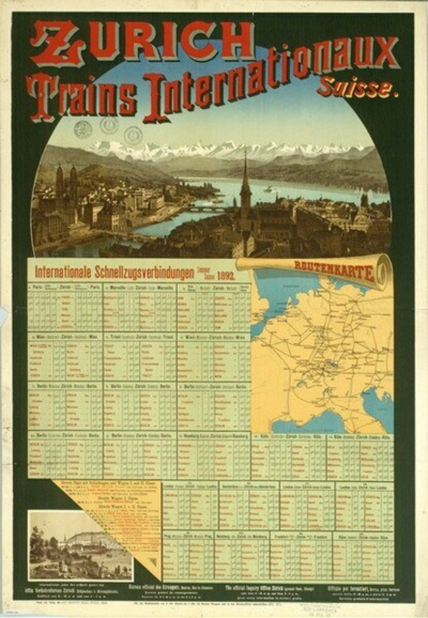 Plakatwerbung für Zürich Trains Internationalaux mit einer Karte von Zürich, Gebäuden, Wasser, Bergen im Hintergrund und Text.