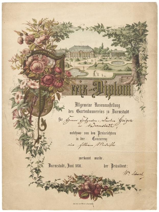 Old 1870 German diploma for gardeners in Darmstadt with an illustrated building and floral border.