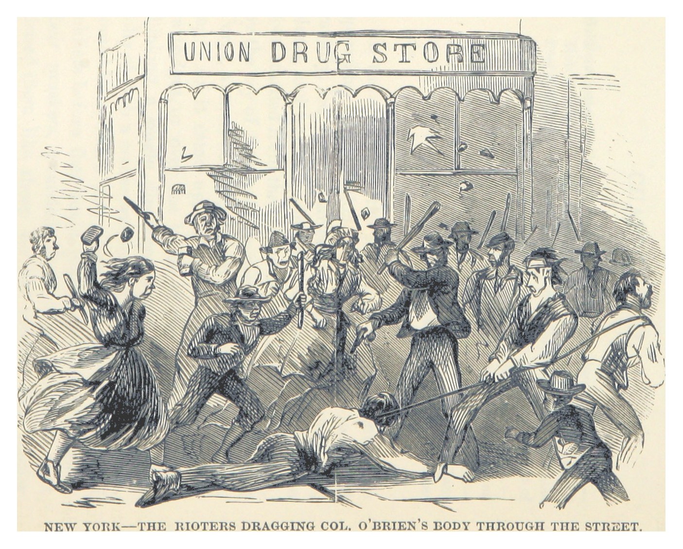 Eine handgezeichnete Papierabbildung einer Gruppe bewaffneter Personen vor einem Gebäude mit Text, beschriftet mit "New York - Die Aufständischen schleifen Col. O'Briens Leiche durch die Straße" unten.